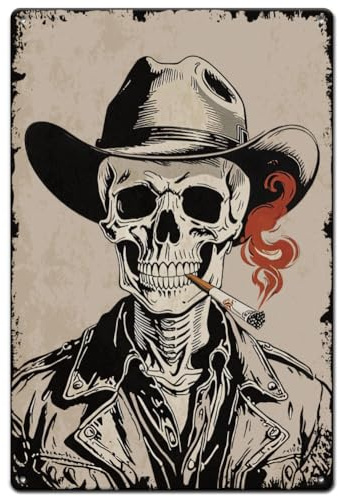 SUPERDANT Blechschild Western Cowboy Schädel Blechschilder Retro Wanddekoration 30x20 cm Metallschild Mit Abstraktem Skelett Motiv Metallschilder Für Wohnzimmer Bar Männerhöhle Und Mehr