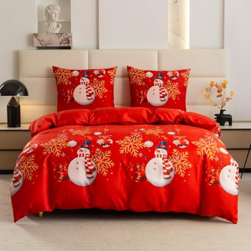 FEBE Bettwäsche Schneemann Bettbezug-Set 135x200 + Kissenbezug 2 Teilig mit Reißveschluss