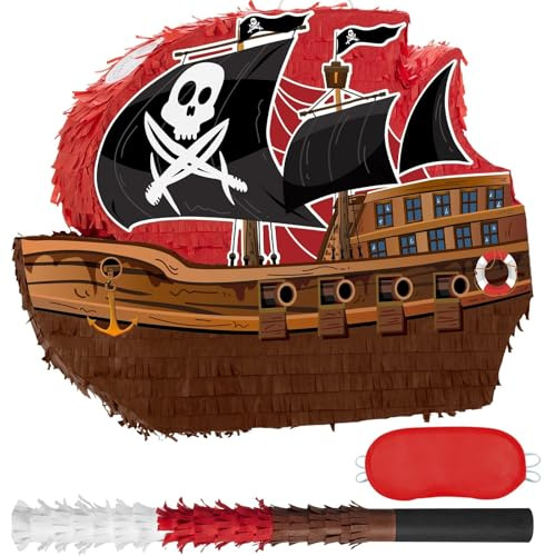 WERNNSAI Piraten Schiff Pinata – Abenteuer Geburtstag Piñata Deko für Party | Piraten Piñata mit Stock Augenbinde, Schiff Komplettes Set, Hängende Schatz Piñata, Party Abenteuer Zubehör