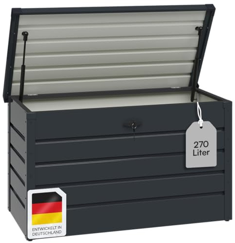 STEELSØN Dorado Gartenbox 270 Liter, Anthrazit, wasserdicht, abschließbar | Outdoor Box aus verzinktem Metall, Auflagenbox mit klappbarem Deckel, Aufbewahrungsbox Garten/Balkon/Terrasse, 100x62x63 cm