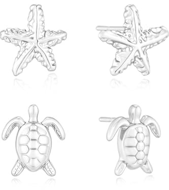 Asdecy 2 Paare Seestern Ohrringe Silber Stecker Damen/ 14K Gold Vergoldet Sommer Strand Muschel Ohrstecker Ohrring Ohrringes Hypoallergen Minimalistisch Boho Schmuck Geschenke