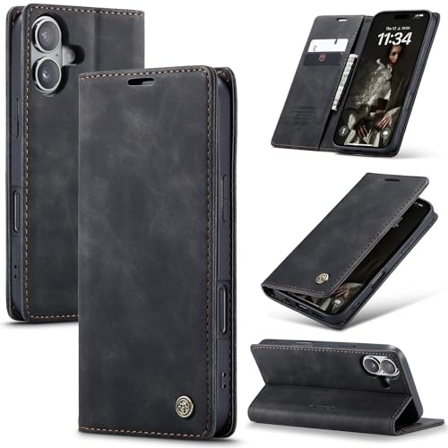 Ottcooed Handyhülle für iPhone 16 Hülle, Premium Leder Flip Case, Magnet Klappbar Klapphülle Tasche, Standfunktion Kartenfach Wallet Schutzhülle für iPhone 16, Schwarz