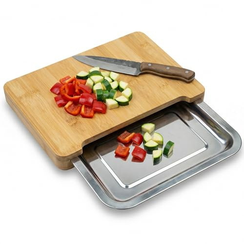 naturlik Camping Schneidebrett mit Auffangschale – Bambus Servierbrett für Wohnmobil, Campervan & Outdoor – Magnetisch, Klapperfrei & Rutschfest – 29 x 21 cm Bambus Holzbrett
