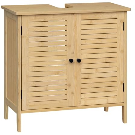 EUGAD Waschbeckenunterschrank Bambus, Badezimmer Unterschrank, 60 x 60 x 30 cm, Waschtischunterschrank mit 2 Lamellentüren 1 Verstellbare Ablage, Natur