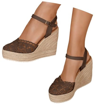 scarpe marroni donna, Sandali Da Donna Estivi, Espadrillas Con Zeppe, Piattaforma Scarpe A Punta Chiusa, In Pizzo, Comodità, Cinturino Alla Caviglia, Vintage Per Vacanze, Tacco Chiuso, Caffè, 38