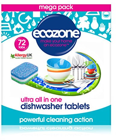 EcoZone Ultra All-In-One Dishwasher Tablets, Effective Cleaning Formula Cuts Through Grease & Grime, Natural Vegan & Non Toxic Tabs, Plant Based Plastic-Free, Leaves No Residue (Box of 72 Capsules)