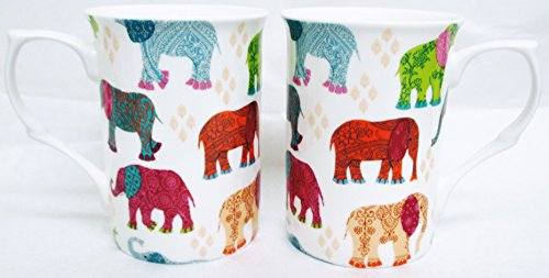 Elephants Mugs Set of 2 Fine Bone China Patched Multicolour Elephants Chintz Mugs Hand Decorated in UK