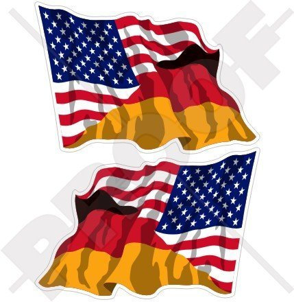 USA Vereinigte Staaten von Amerika und DEUTSCHLAND, Amerikanisch und Deutsche Wehende Flagge, Fahne 120mm Auto & Motorrad Aufkleber, x2 Vinyl Stickers (Links - Rechts)