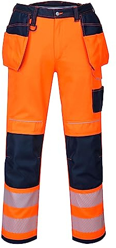 Portwest PW3 T501 Hi-Vis Work Trousers Holster Pocket Kneepad Orange/Navy | Orange/Navy, 38 Waist, Reflective, Holster Pocket, Kneepad Pocket, Triple-Stitched, Polycotton, High Visibility