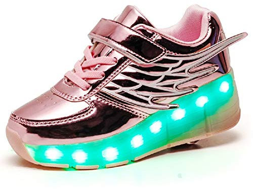 Axcer LED Blinkend Schuhe mit Rollen Automatisch Einziehbar Räder Skateboardschuhe Fitnessschuhe mit Flügel USB 7 Farbwechsel Rädern Gymnastik Laufschuhe Sneakers für Jungen Mädchen Xmas Gift