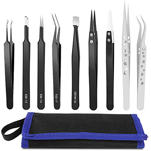 HANDSKIT Tweezer Set - Curved, Flat Head, Pointy Tweezers Kit for Craft, Jewelry, Electronics & Laboratory Work - 9 Pieces