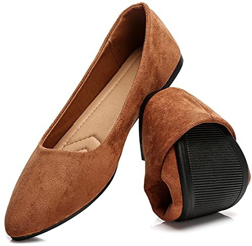 HEAWISH Women’s Black Flats Shoes Comfortable Suede Pointed Toe Slip On Casual Ballet Flats Dress Shoes Nude Flats, Tan, 4.5 UK