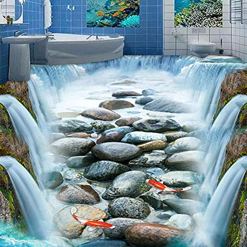 Wasserfall Steine Fisch 3D Bodentapete PVC Selbstklebend Wasserdicht 3D Bodenfliesen Aufkleber Wohnzimmer Badezimmer Dekor Wandbild-250 * 175cm