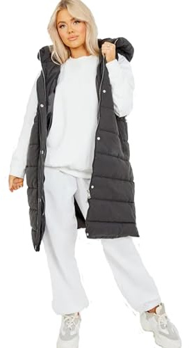H&F Women's Ladies Long Quilted Gilet Jacket Longline Sleeveless Thick Hooded Side Zip Down Lightweight Ladies Long Coat Bodywarmer Outdoor Gilet Padded Waistcoat Winter Wear With Pocket Size S-XL