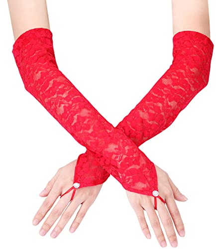 KINBOM Lange Spitzenhandschuhe, Brauthandschuhe für Hochzeit Fingerlose Spitzenhandschuhe für Frauen Teeparty Kostüme der 1920er Jahre Opernparty Maskerade, Ellenbogenlänge 40cm (Rot)