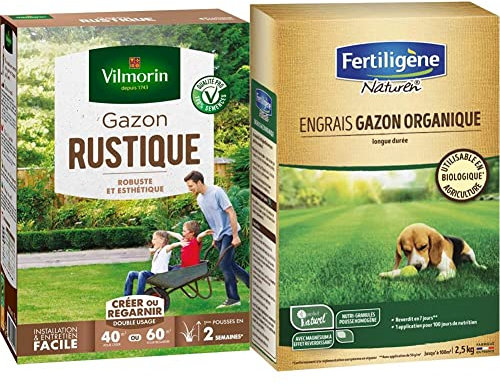 VILMORIN - Gazon Rustique - Robuste et esthétique, 1kg & NATUREN Engrais Gazon Organique 100m² 2,5kg