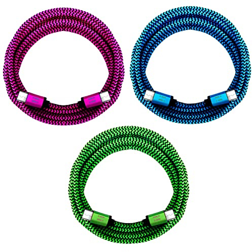 i! - 3X 1m USB-C auf USB-C Premium Nylon Typ C Schnellladekabel Datenkabel Set für Handy Tablet Smartphone - blau + grün + pink