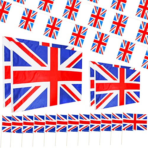 Union Jack Party Decoration Pack - 5ft x 3ft Union Jack Flags, 3ft x 2ft Union Jack Flags, Union Jack Bunting & Union Jack Hand-Waving Flags - King's Street Party Decoration Kit VE DAY COMMONWEALTH