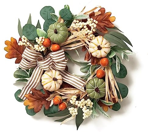 Valery Madelyn 45cm Türkranz Herbstdeko,Herbstkranz Modern Innen und Außen,Deko Kürbis Ahornblatt Beere,Fliege für Haustür Tisch,Herbstgirlande für Fall Decor Erntedank Herbst,Grün