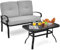 COSTWAY Outdoor Loveseat Bench, 2-Seater Garden Furniture Set with Coffee Table and Cushions, Metal Frame Patio Sofa Table Set for Balcony Backyard Lawn Poolside (Grey)
