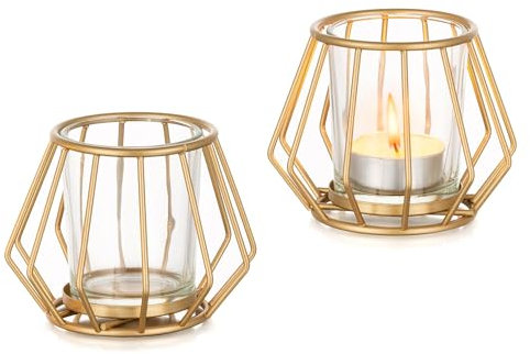 Romadedi Lot de 2 photophores géométriques en métal doré - Bougies piliers - Décoration pour salon, table, anniversaire, maison, table à manger - Décoration moderne