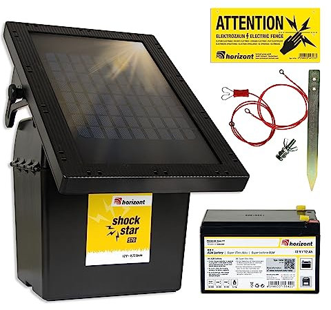 horizont électrificateur solaire 9 V / 12 V - shockstar S70 avec panneau solaire 10 W et batterie 12 Ah - pour une longueur de clôture jusqu'à 12 km