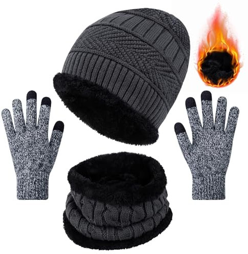 Chalier Cmfort WinterMütze Schal Touchscreen Handschuhe Set Unisex thermisch warm elastisch Nackenwärmer superweiche Strickmütze Outdoor Sport Handschuhe Set Geschenk für Herren und Damen MEHRWEG