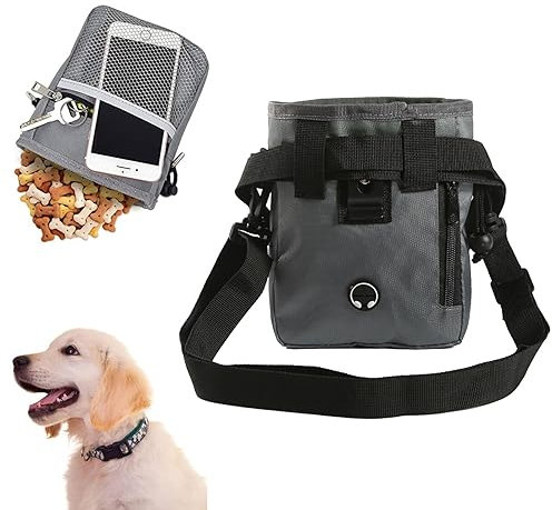 Helweet Bolsa de Entrenamiento para Perros, Bolsa para Golosinas para Mascota, Bolsa Premios Perro, Adecuado para Llevar Comida y Juguetes para Perros, Tres Formas de Uso, Gris