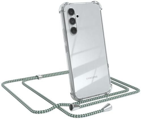 EAZY CASE - Kette Schutzhülle - kompatibel mit Samsung Galaxy A54, Stoßfest Fallschutz Bumper Schutzhülle, Handy Straps, Silikonhülle, Handykette abnehmbar, Hell Grün Camouflage mit Clips Silber