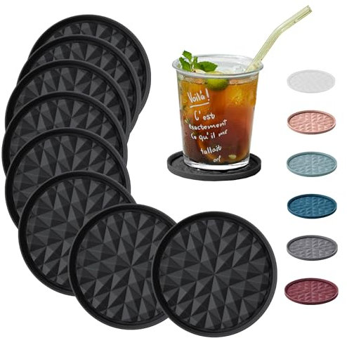 Coasters Set of 8 [No Holder] Non-Slip Black Round Cup Silicone Mats for Drinks Coffee Beer Wine Glasses Bottles Reusable Home & Bar Accessories 10cm