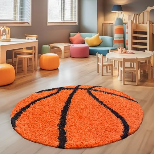 SIMPEX Kinderteppich Rund 120 cm Orange Schwarz Weicher Hochflor Spielteppich mit Basketball Motiv Pflegeleicht & rutschfest Ideal für Jungenzimmer & Mädchenzimmer im Jugendstil