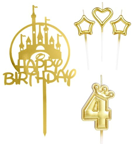 mciskin Girls Happy 4th Birthday Candles Cake Toppers, Gold Castle Cake Topper, Crown Number 4 Candle for Cake, Candles Cake Cupcake Topper for Baby Birthday Party Decorations 4th Wedding Anniversary