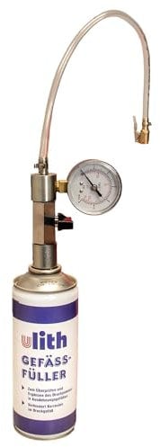 tecuro Kombi-Set Gefäßfüller (brennbar) 400 ml und Anschlussadapter mit Manometer 0-6 bar