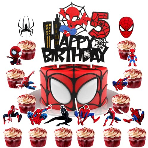 Tortendeko Zahlen 5, 25 Stücke deko torte Junge, 5 Decoration de Gateau Anniversaire, Birthday Kuchendeko 5 jahre, Cake Topper Kindergeburtstag, HeroTheme muffin Geburtstagsdeko fur Enfants