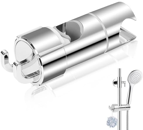 Universal Handbrause Halterung, 360°Drehbar Brausehalter mit 2 Haken, Verstellbar Duschhalterung für Slide Bar 16-27 mm Außen Durchmesser Verchromt + ABS Grade Kunststoff