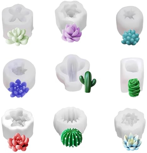 QINGYIWL Sukkulenten Silikonformen Gießformen Set 9 Stück Kerzenform Kit Kerzenform Silikon Kaktusform, 3D Silikonform für Aromatherapie Kerzen Tortendekoration Seife Herstellung