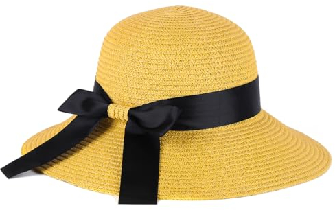 S.ROMZA Chapeau de Paille pour Femme avec Cordon Coupe-Vent à Large Bord Pliable pour la Plage, l'été, Protection UV 50+