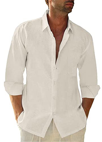 Friptspyg Leinenhemd Herren Langarm Baumwolle Leinen Hemd Herren Freizeithemden Casual Regular Fit Sommerhemd mit Tasche, Beige M