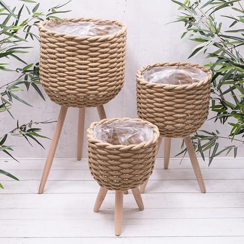 Rope Natural Large Woven House Plant Flower Pot Planter With Wooden Legs (Large)