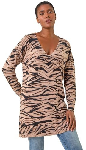 Roman V-Neck Jumper for Women UK Ladies Boyfriend Fit Slouch Sweater Winter Autumn Textured Casual Flattering Knit Pullover Knitwear Daywear Lightweight Lounge - Taupe Leopard - Size 12