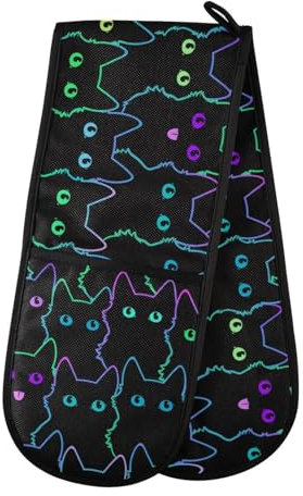 Double Oven Gloves Heat Resistant Funny Black Cat Double Oven Mitts Pot Holder Heat Protection Oven Gloves for Home Kitchen Baking Cooking BBQ Microwave