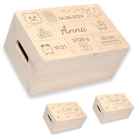 Erinnerungsbox Holzkiste mit individueller GRAVUR, persönlich gestaltetet Aufbewahrungsbox, Geschenkebox zur Geburt aus Holz, personalisierte Holzbox als Erinnerungsbox Holzkiste (Größe M - 6 Liter)