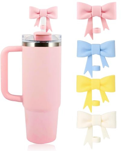 YONEEKSS 4 Pcs Bow Straw Covers Cap, 10mm Reusable Silicone Straw Toppers for Stanley Cups Straw Accessories, Straw Covers Cap Toppers Compatible with Stanley 30&40 oz Tumbler Cups (Multicolour)