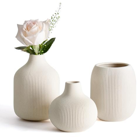 Dnnnii Modern Beige Ceramic Vase Set of 3 by Ribbed Texture, Perfect for Neutral & Transitional Home Decor - Decorative Minimalist Vases Collection - Small Ceramic Vases for Aesthetic Touch