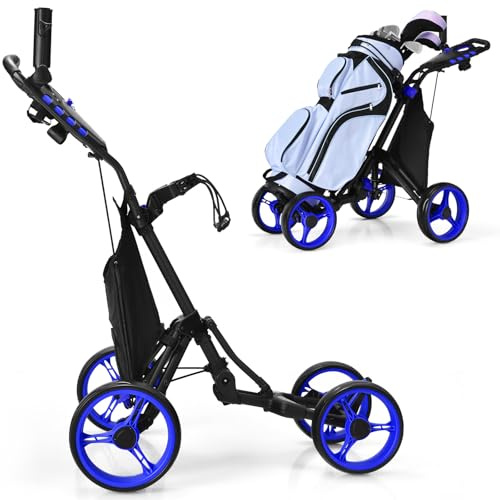 SPOTRAVEL 4 Wheels Golf Push Cart, Foldable Golf Trolley with Storage Bag, Height-Adjustable Handle, Foot Brake, Umbrella & Cup Holder, Portable Golf Bag Holders for Golf Clubs (Blue)