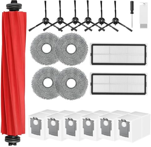 21 pièces Kit Aspirateur d'accessoires pour Roborock Qrevo S/QRevo Pro/QRevo MaxV/Qrevo Plus,1 Brosse Principale,6 Sacs à Poussière,6 Brosses Latérales,2 Filtres,4 Serpillères,1 Brosse,1 Tournevis