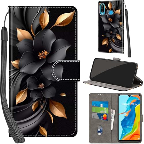 Handyhülle für Huawei P30 Lite Hülle Leder Wallet Blumen | 3 Kartenfächer & 1 Geldfach, Magnetverschluss, Ständerfunktion, robuste premium PU leder klapphülle für Huawei P30 Lite