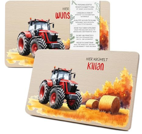 Yabaduu Individuelles Holzbrett für Kinder 23,5x15cm Frühstücksbrettchen Brotzeitbrett personalisiert aus Holz Tier-Motiv als Geschenk Geburtstag Kind RV007 (26 Traktor rot, Mit Wunschname)