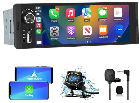 Hexinex 1 DIN Radio Coche Universal con Pantalla Táctil 6.36 Pulgadas, con CarPlay/AndroidAuto/Mirror Link, Admite Carga Type-C/USB/Micrófono/FM/EQ/WiFi/GPS/Bluetooth/USB/SWC y Cámara Trasera