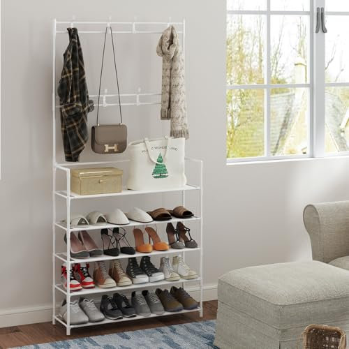 CROWNSHOP Coat Rack Stand with Shoe Rack and Free Standing Hall Tree with Shoes Storage Bench Removable Hall Tree Matte Steel Frame Hat for Storage Height 169 cm (White)